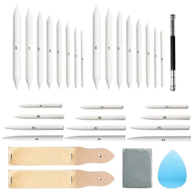 Sketching tool set: numbered white paper blending sticks, eraser tips, and sponges