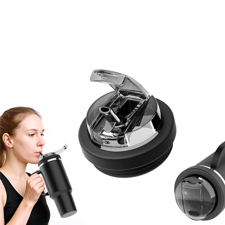 Black replacement dual drink lid with clear spout component for leakproof sipping