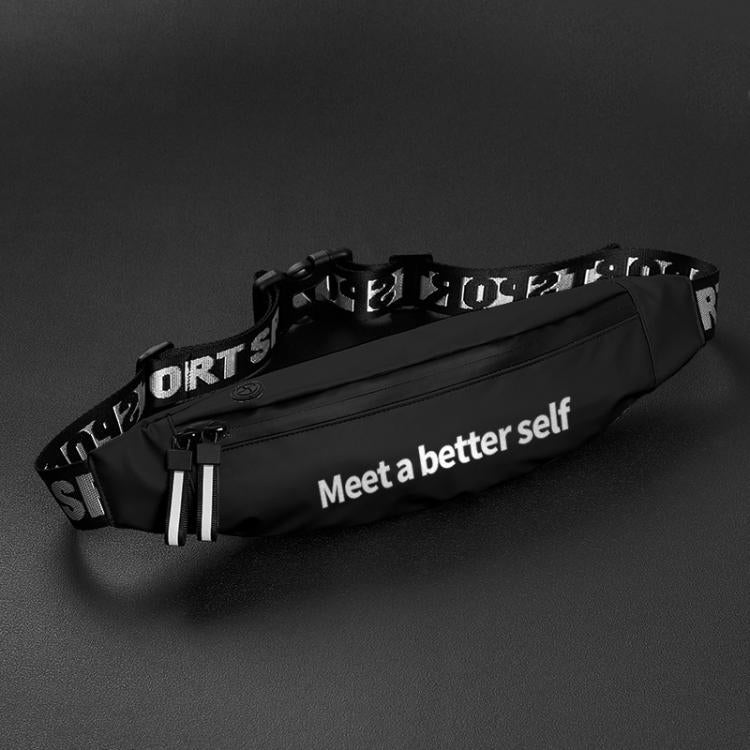 Black reflective waist pack with zippered front pocket and adjustable belt strap.