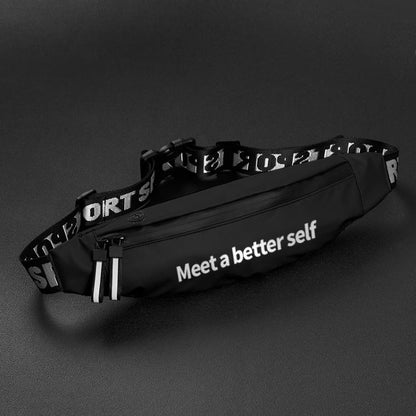 Black reflective waist pack with zippered front pocket and adjustable belt strap.
