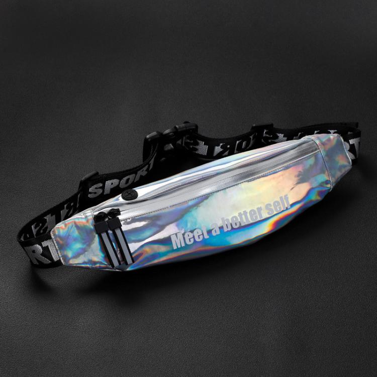 Silver holographic waist pack with zippered front pocket and adjustable belt strap.