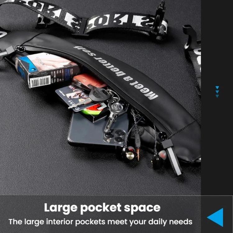 Black waist pack with front zipper compartment and clips for keys or small items.