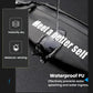 Black waterproof waist pack fabric with sealed surface and printed lettering.