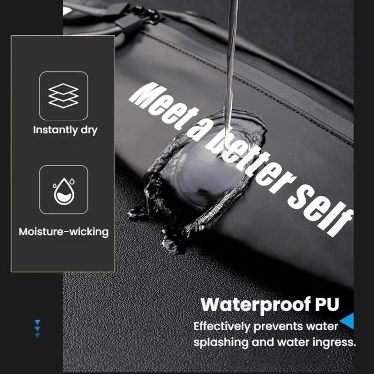 Black waterproof waist pack fabric with sealed surface and printed lettering.