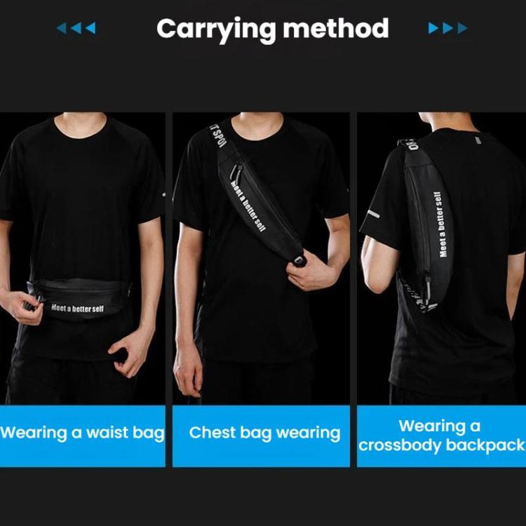 Black waist pack worn across chest, around waist, or on back.