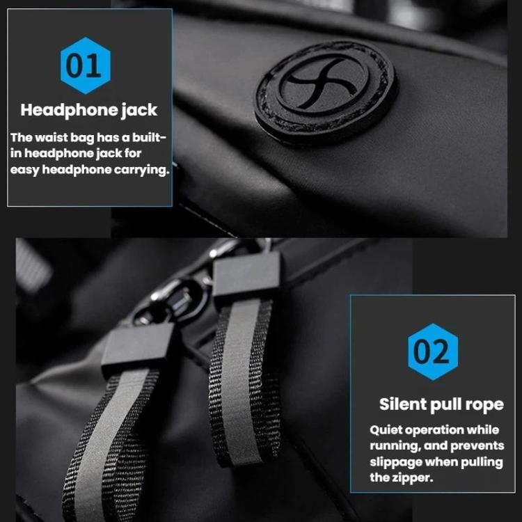 Black waist pack with headphone jack port and silent pull zipper tab.