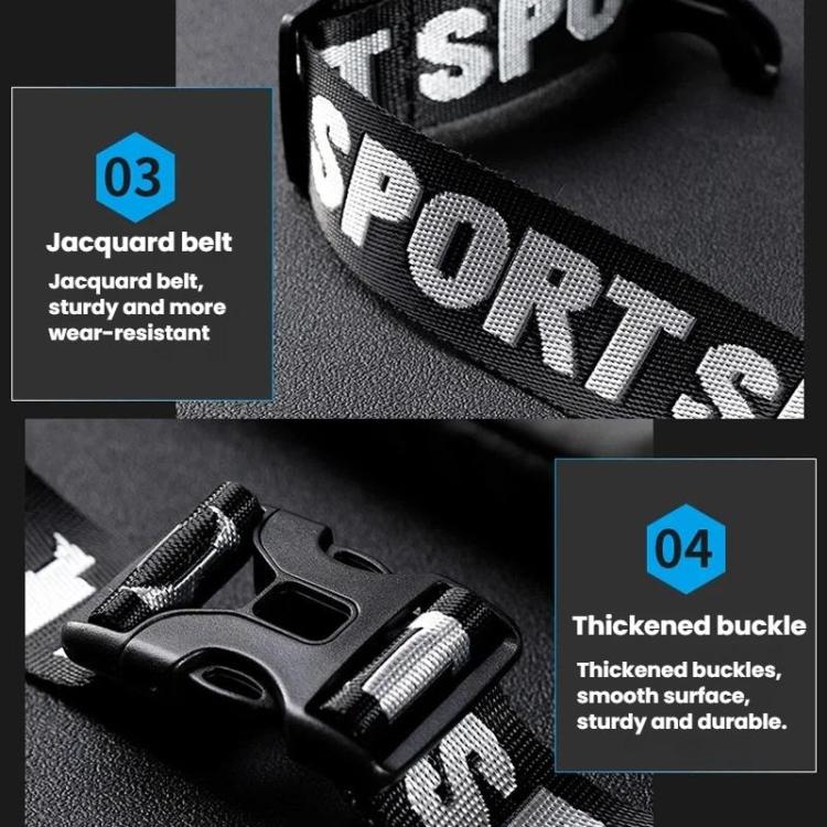 Black reflective waist pack strap with thick buckle and adjustable belt.