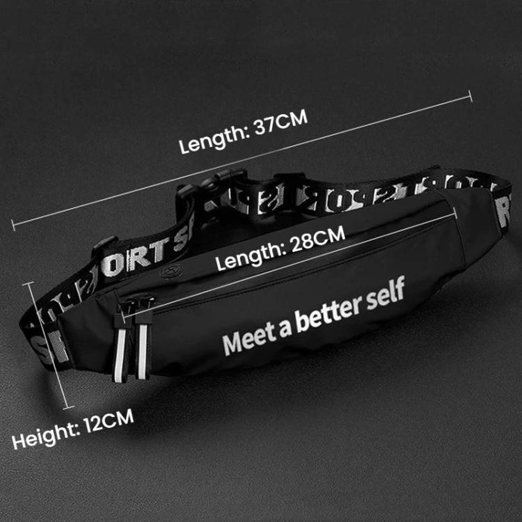 Black zippered waist pack with adjustable crossbody strap and reflective trim.