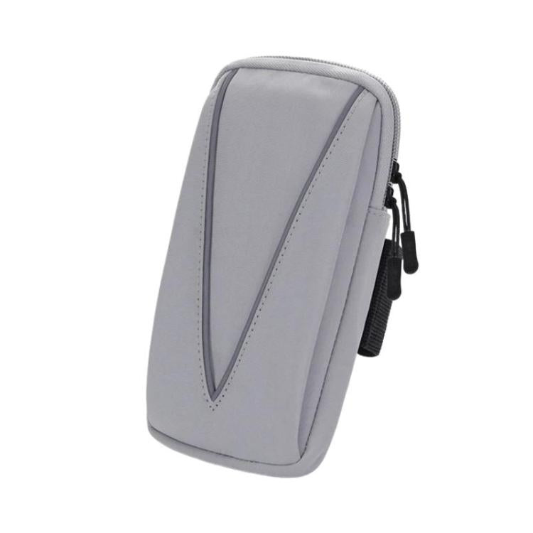 Reflective running armband phone bag, gray with darker gray reflective stripe, zip closure