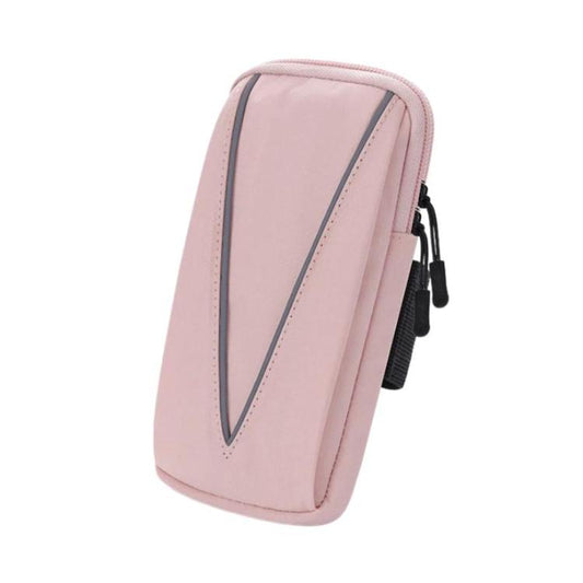 Reflective running armband phone bag, pink with light reflective stripe, zip closure