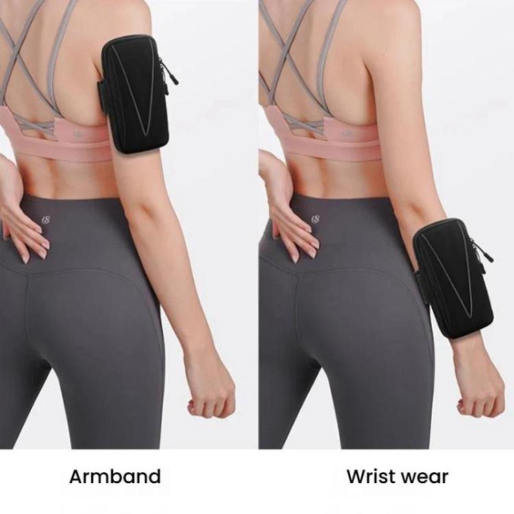 Reflective armband phone bag worn on arm and wrist; black bag with reflective stripe