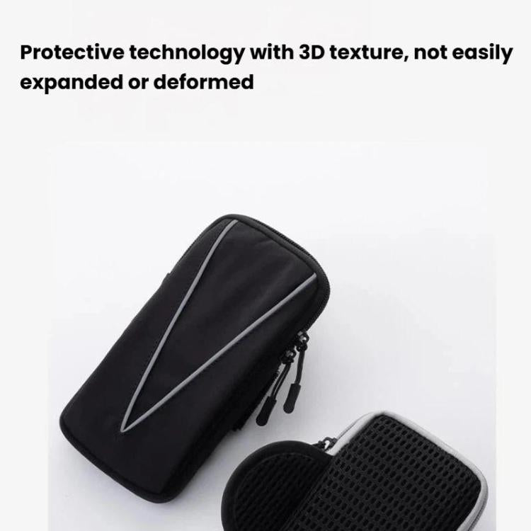Reflective armband phone bag, black with reflective stripe and side zipper, 3D textured finish