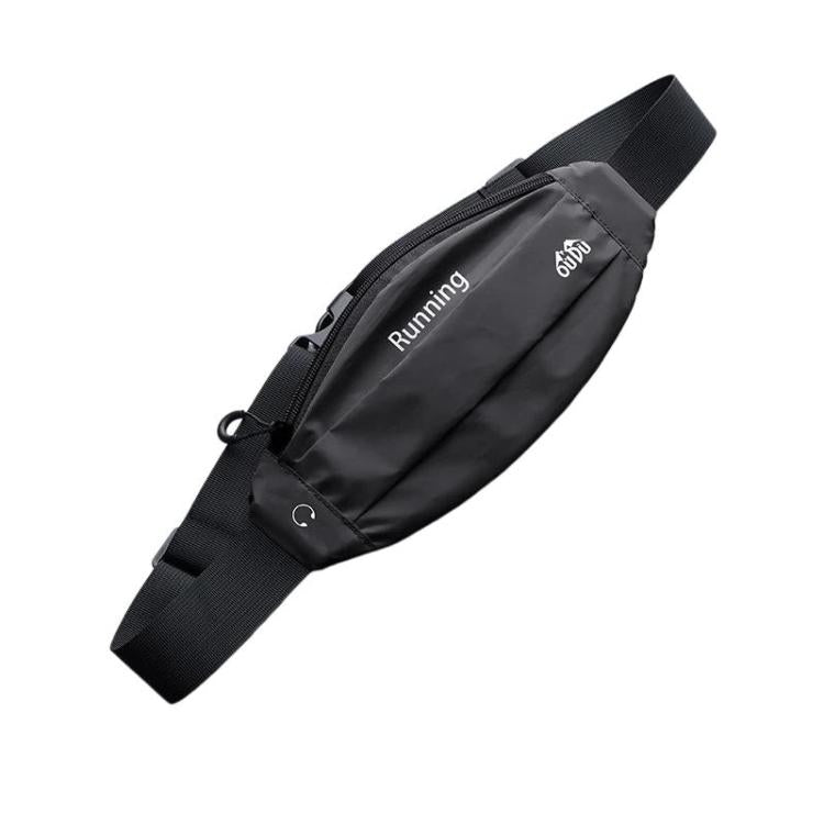 Black reflective waterproof waist pack with front zipper and adjustable waist strap