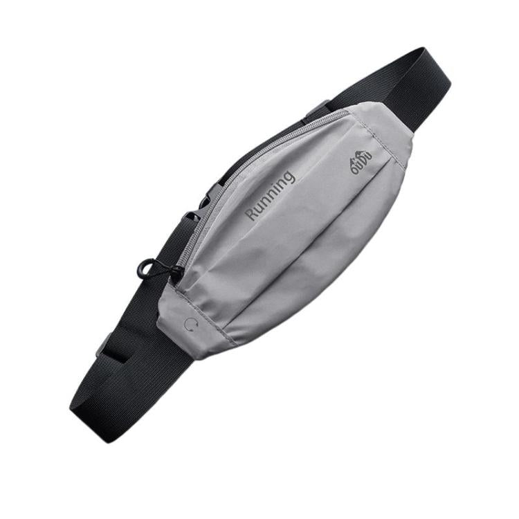 Grey reflective waterproof waist pack with front zipper and adjustable waist strap