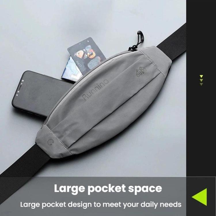 Grey reflective waist pack with front zipper and phone pocket on the strap