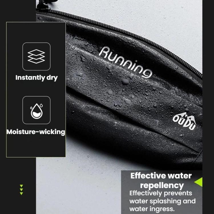 Black reflective waterproof waist pack with beaded water on the pouch