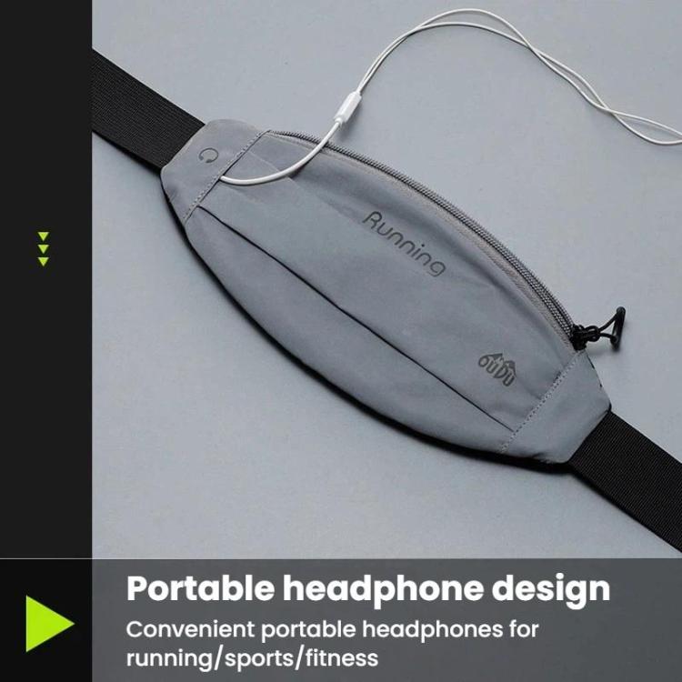 Grey reflective waist pack with front zipper and headphone cable pass-through