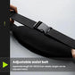 Black waist pack with adjustable belt buckle and front zipper pocket