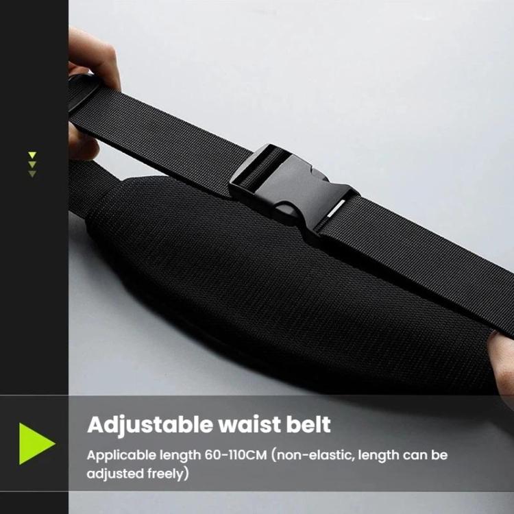 Black waist pack with adjustable belt buckle and front zipper pocket