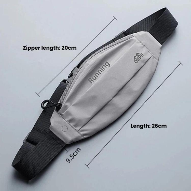 Grey compact waist pack with front zipper and adjustable waist strap