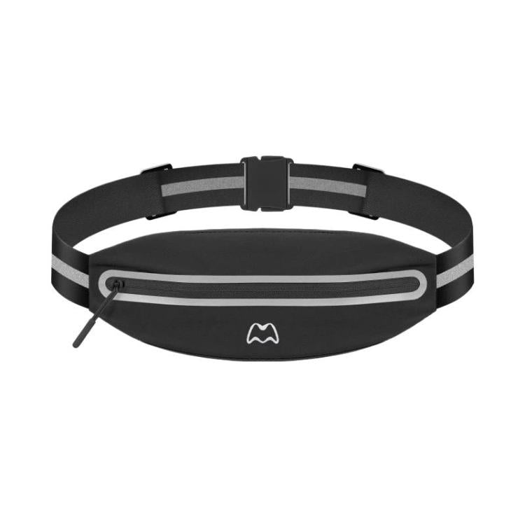 Black reflective waist pack with zippered phone pocket and adjustable strap buckle