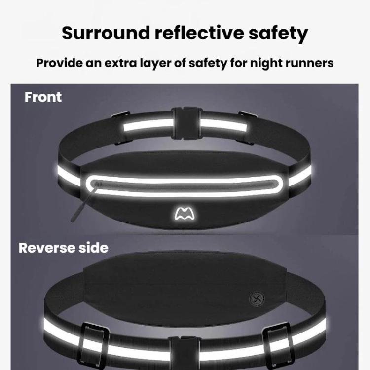 Black reflective waist pack with bright light strip, zippered pocket, and adjustable belt