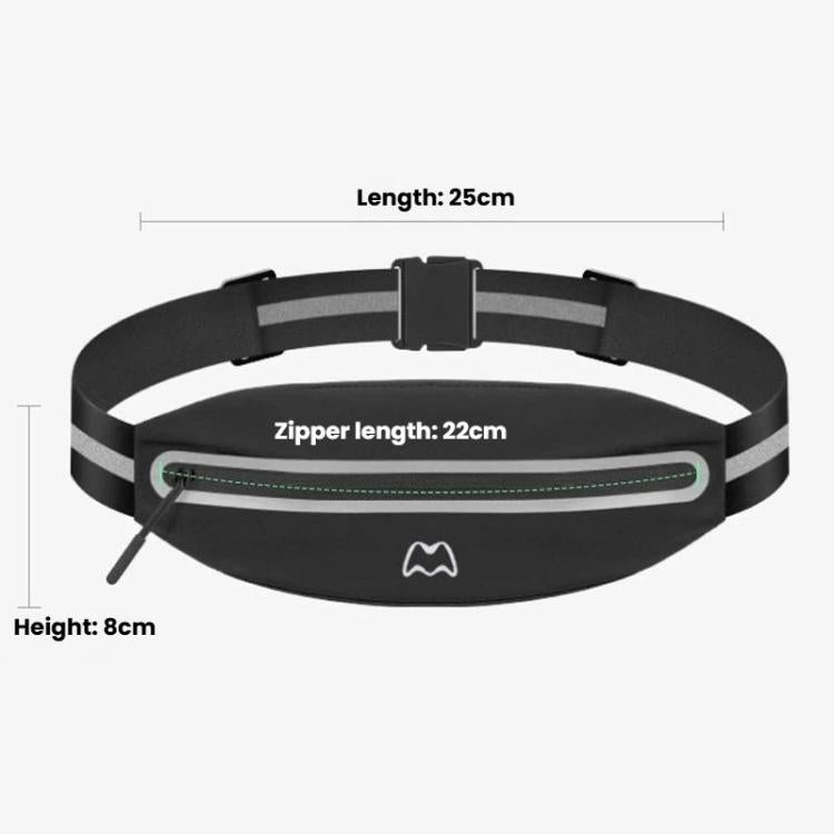Black reflective waist pack with zippered pocket and adjustable buckle, compact design