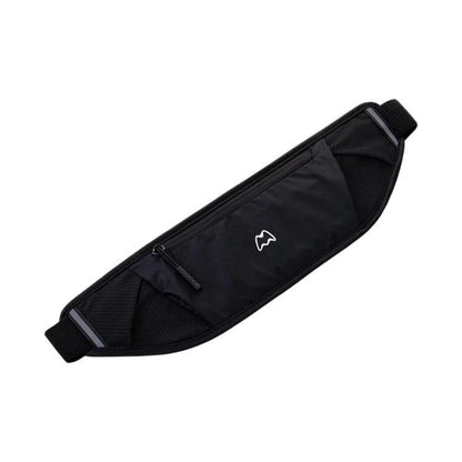 Black waterproof waist pack with zip pocket and adjustable belt strap