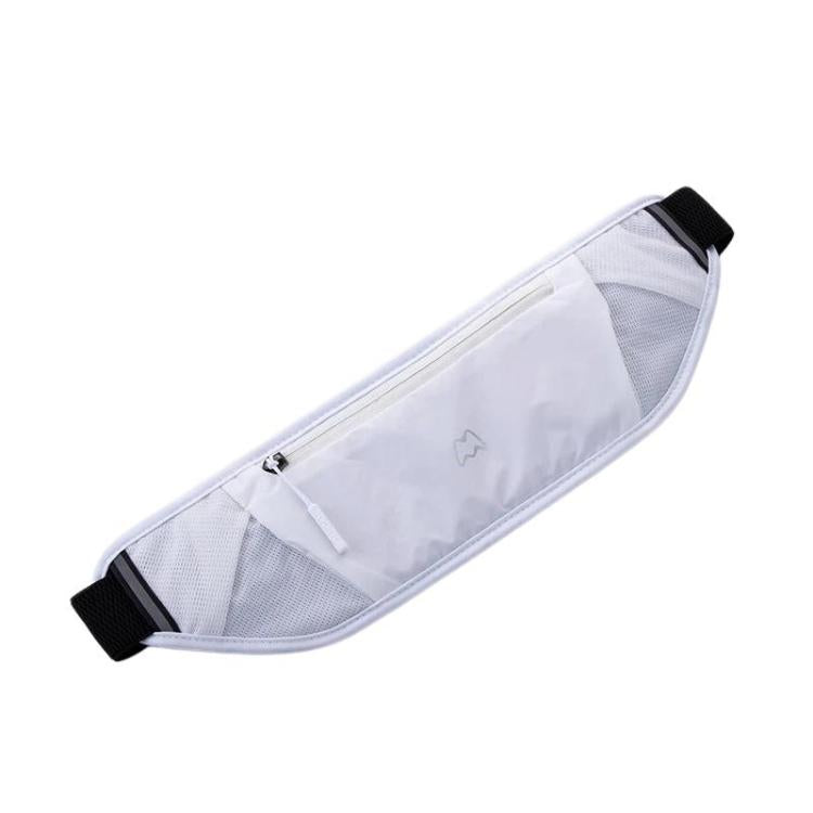 Light gray waterproof waist pack with zip pocket and adjustable belt strap