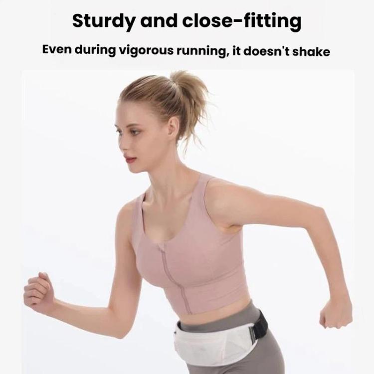 Light-colored waist pack with adjustable belt strap and front zip pocket