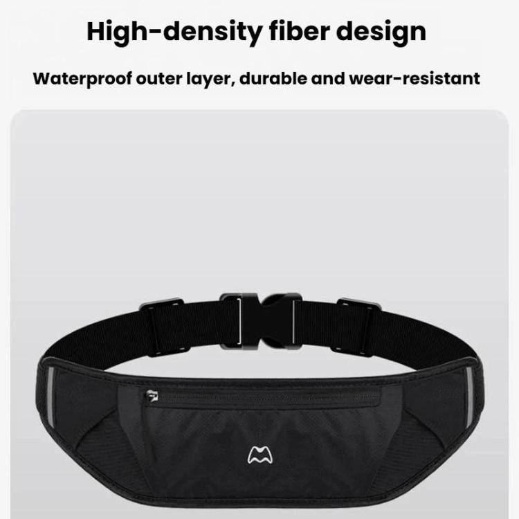 Black waist pack with adjustable belt and front zippered storage pocket