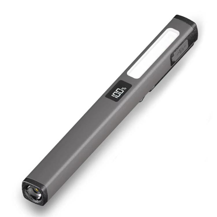 Rechargeable pen clip work light, gray body with bright white LED strip