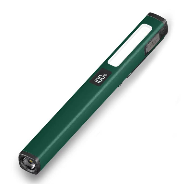 Rechargeable pen clip work light, dark green body with bright white LED strip