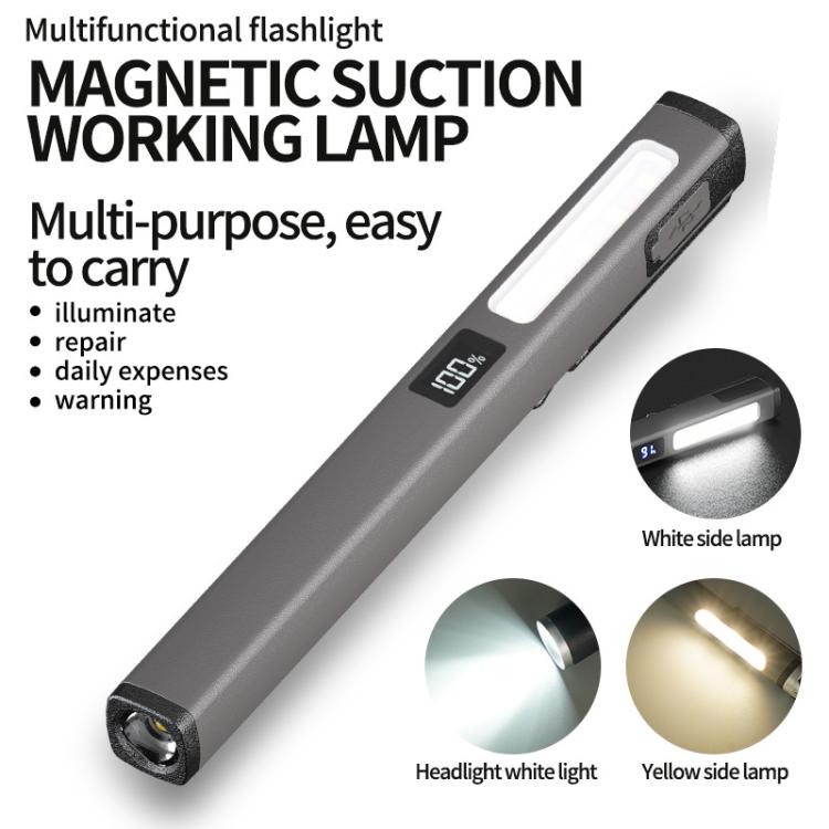 Rechargeable pen clip work light, gray body with bright white light strip