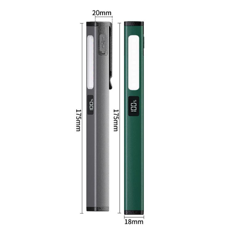 USB rechargeable pen clip work light, shown in gray and dark green, 115mm size