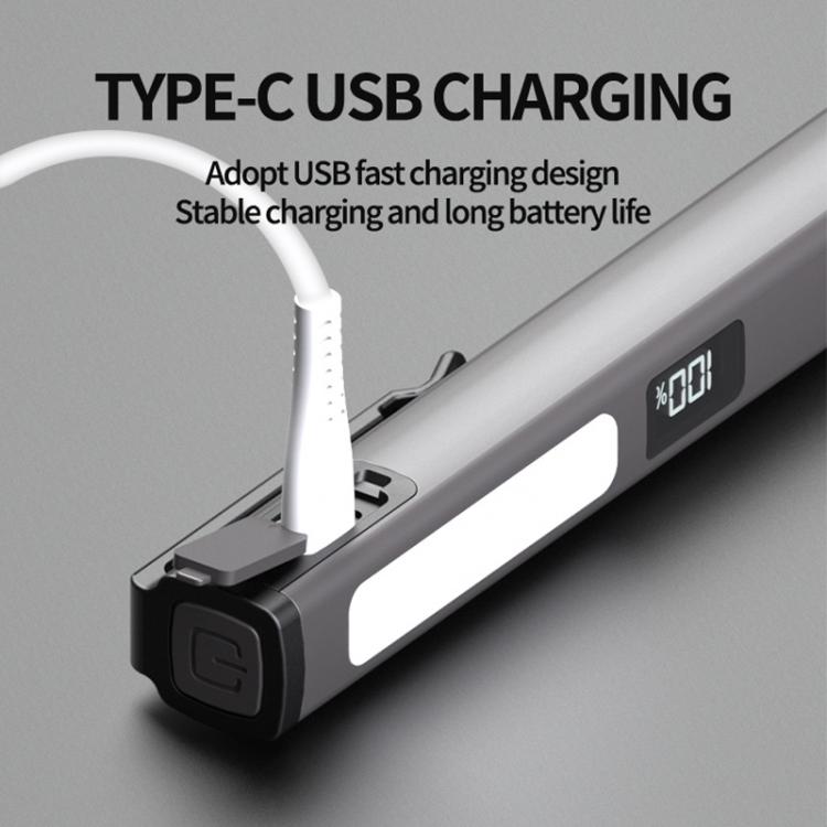 Rechargeable pen clip work light with Type-C USB charging cable, gray body close-up