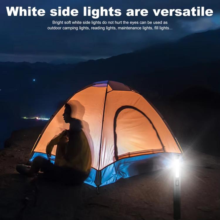 Rechargeable pen clip work light shining a bright white beam outdoors