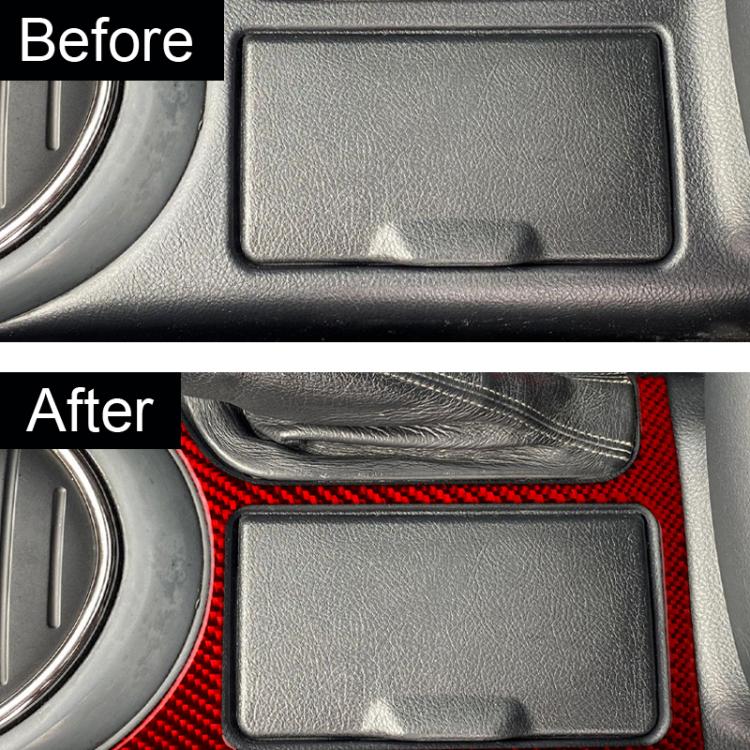 Red carbon-fiber cupholder frame sticker installed on car center console
