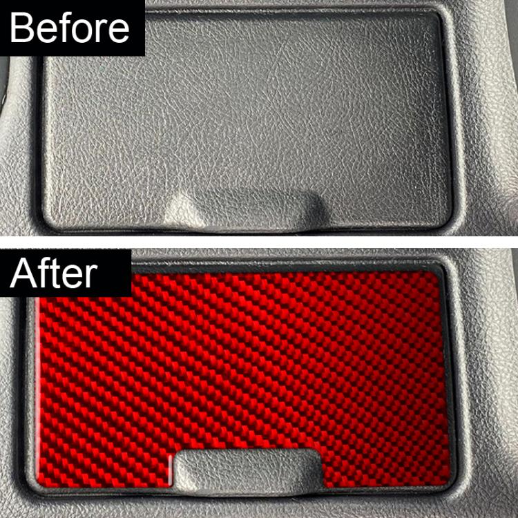 Red carbon-fiber cup holder panel sticker installed in car console