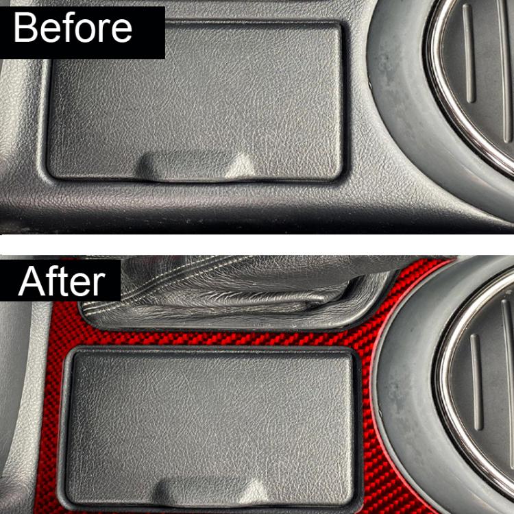 Red carbon-fiber cupholder sticker installed on center console, rectangular panel