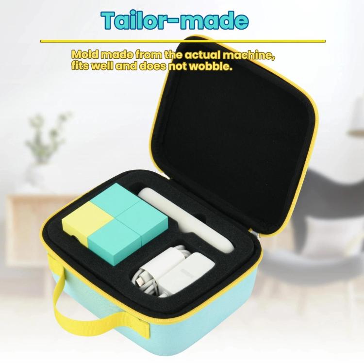 Hard storage carrying case open, black foam insert with compartments, light blue and yellow