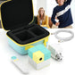 Open light blue carrying case with yellow edging, black organizer insert, zip closure