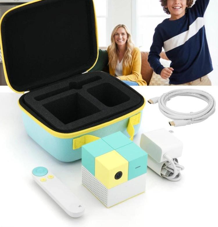 Open light blue carrying case with yellow edging, black organizer insert, zip closure