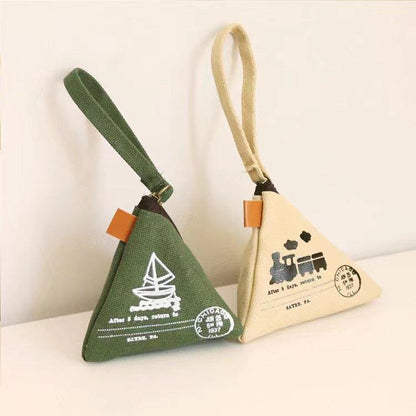 Zongzi-shaped canvas coin purse set, green and beige with loop straps