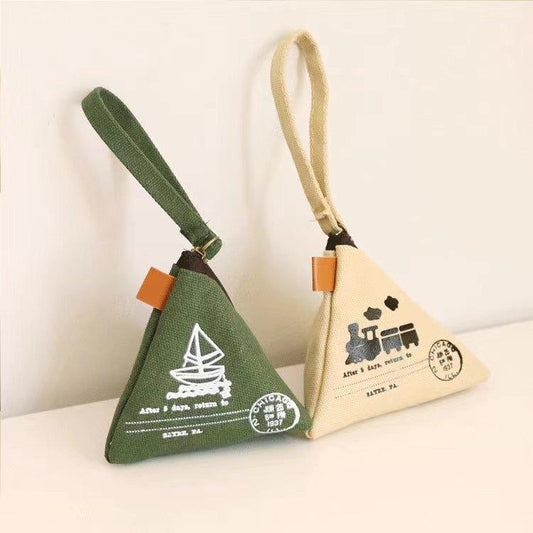 Zongzi-shaped canvas coin purse set, green and beige with loop straps