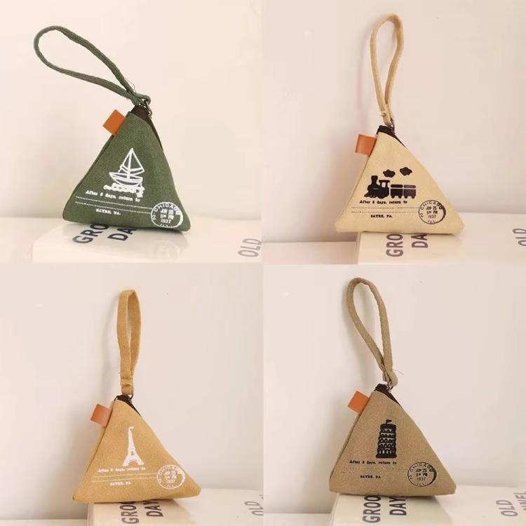 Zongzi-shaped canvas coin purses set, small triangle style with loop straps in green and beige
