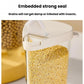Sealed white-lid cereal storage container with clear side window showing dry grains