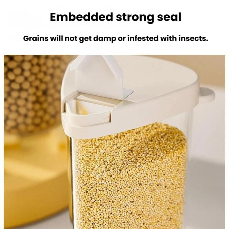 Sealed white-lid cereal storage container with clear side window showing dry grains