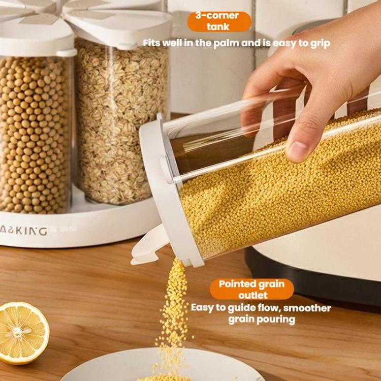 Rotating cereal storage container with angled grain chute for smooth pouring
