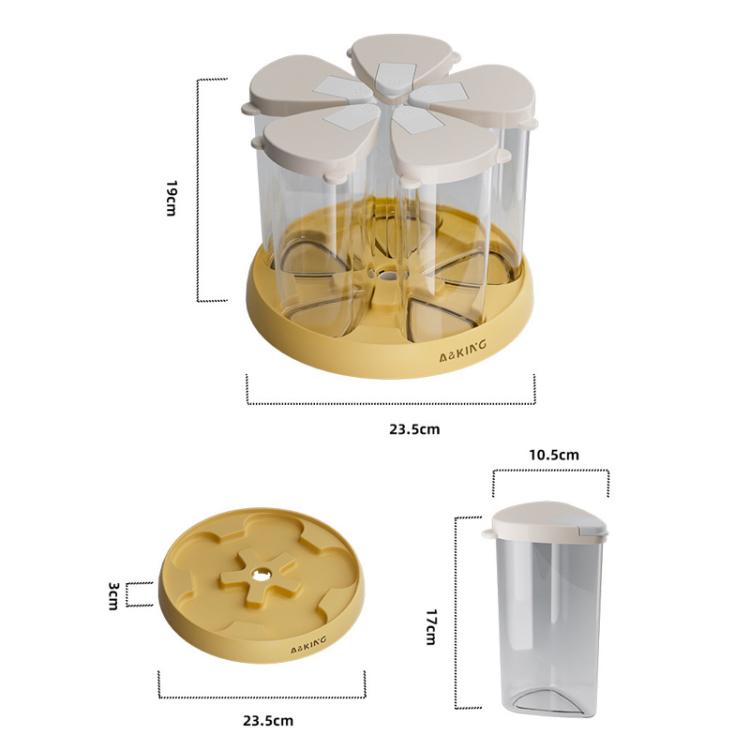 Rotatable cereal storage container size diagram with clear jars and yellow base